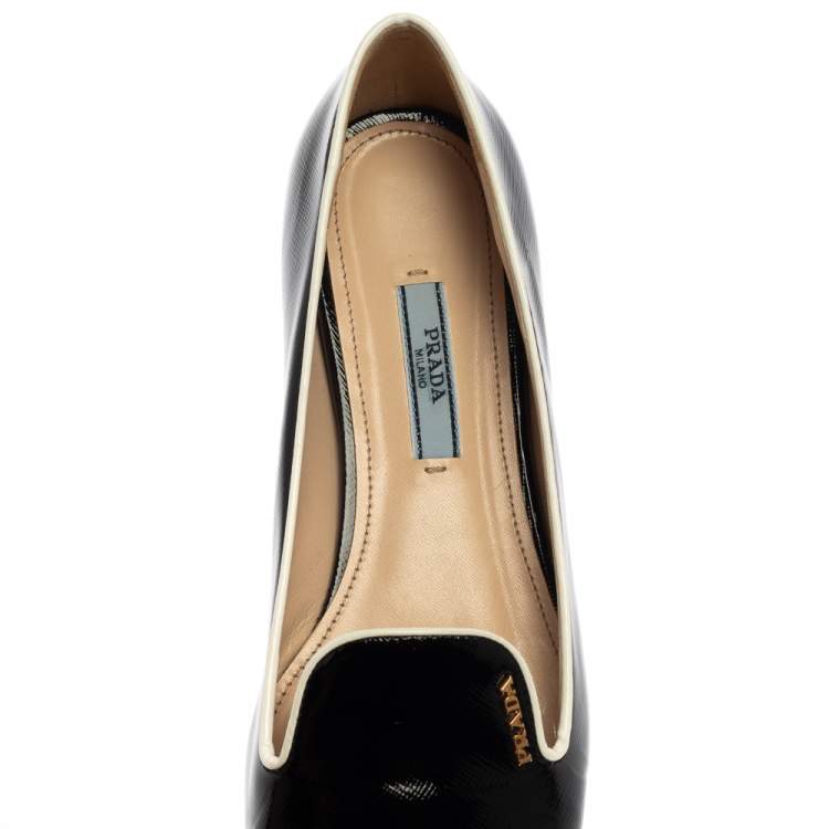 Pre Owned Prada Black Patent Saffiano Leather Slip On Smoking Loafers Size 38