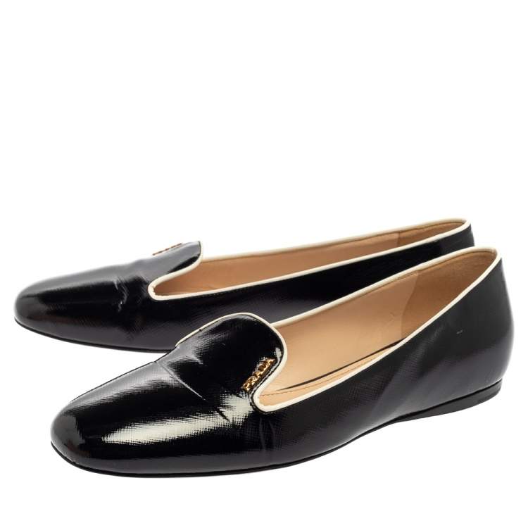 Pre Owned Prada Black Patent Saffiano Leather Slip On Smoking Loafers Size 38