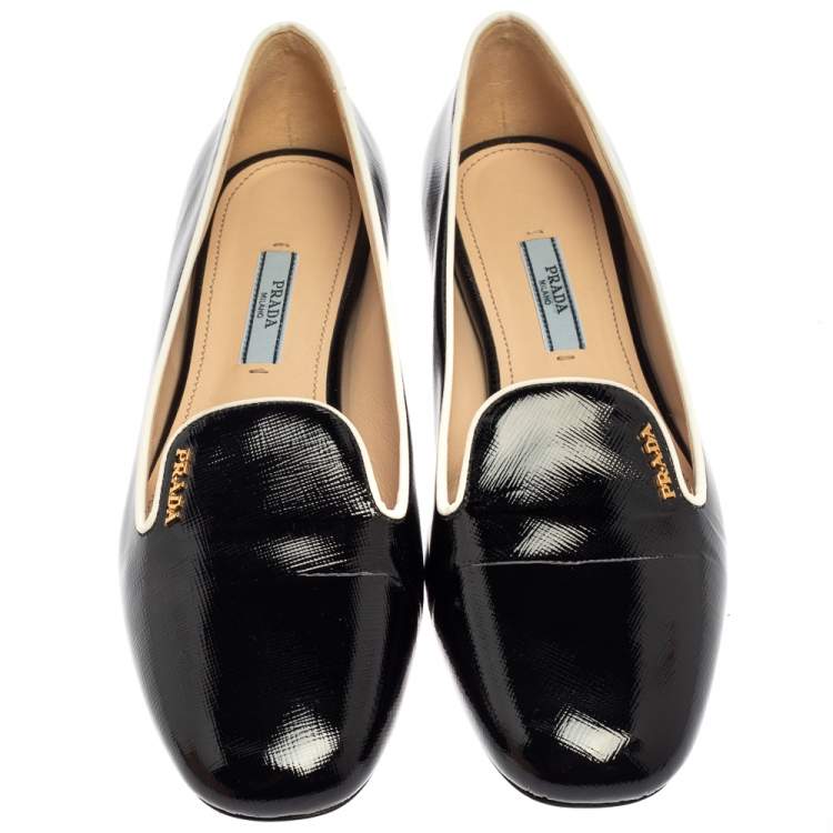 Pre Owned Prada Black Patent Saffiano Leather Slip On Smoking Loafers Size 38