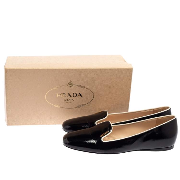 Pre Owned Prada Black Patent Saffiano Leather Slip On Smoking Loafers Size 38