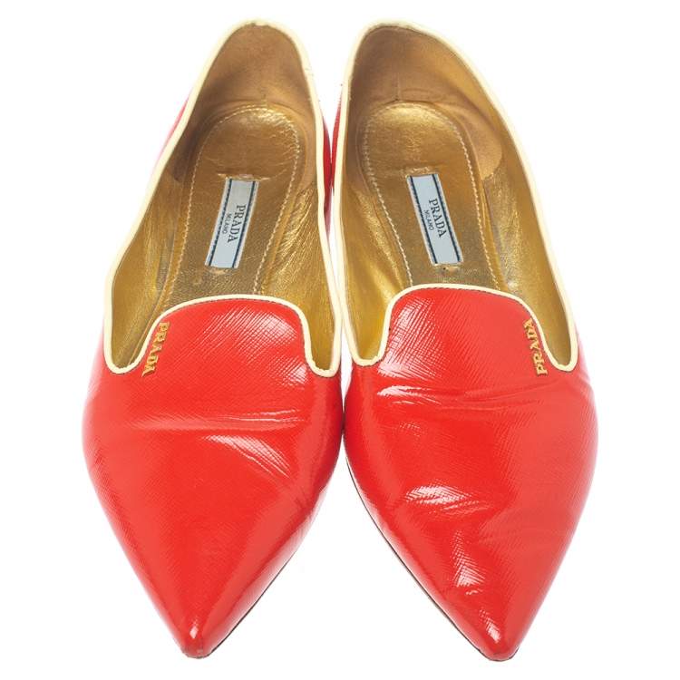 Pre Owned Prada Red Patent Saffiano Leather Pointed Toe Smoking Slippers Size 38.5