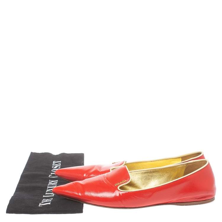 Pre Owned Prada Red Patent Saffiano Leather Pointed Toe Smoking Slippers Size 38.5