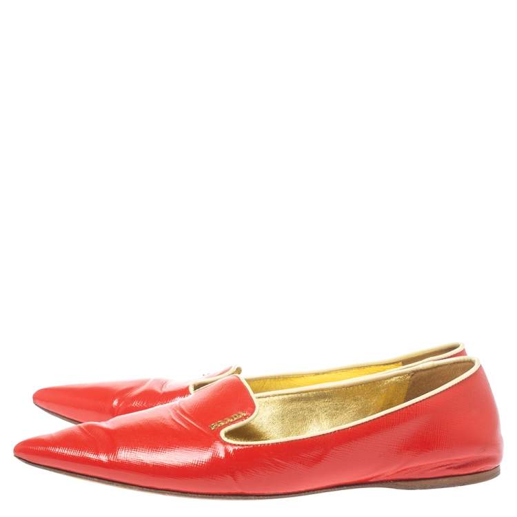 Pre Owned Prada Red Patent Saffiano Leather Pointed Toe Smoking Slippers Size 38.5