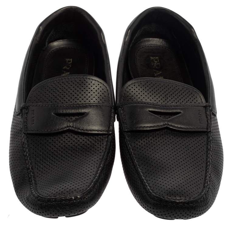 Pre Owned Prada Blue Perforated Leather Slip On Loafers Size 45.5