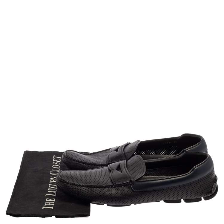 Pre Owned Prada Blue Perforated Leather Slip On Loafers Size 45.5