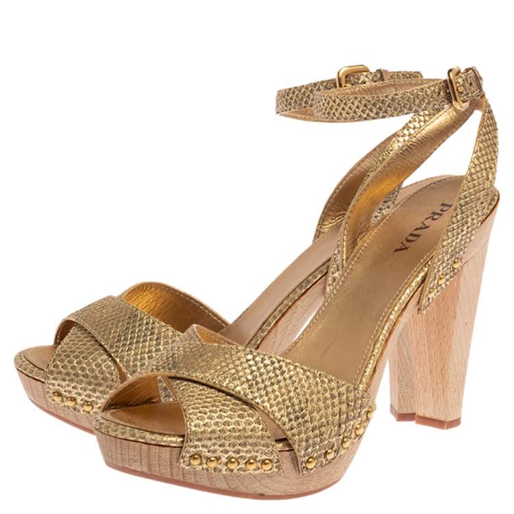 Pre Owned Prada Gold Python Ankle Strap Platform Sandals Size 41