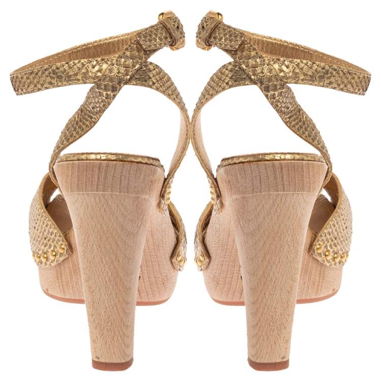 Pre Owned Prada Gold Python Ankle Strap Platform Sandals Size 41