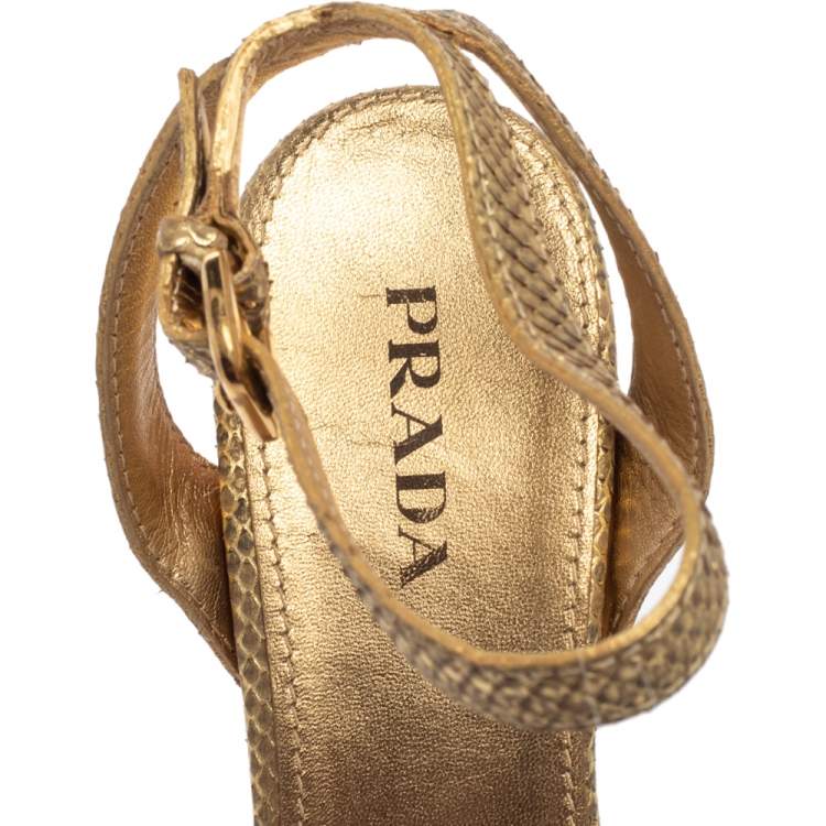Pre Owned Prada Gold Python Ankle Strap Platform Sandals Size 41