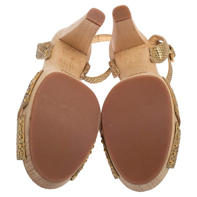 Pre Owned Prada Gold Python Ankle Strap Platform Sandals Size 41