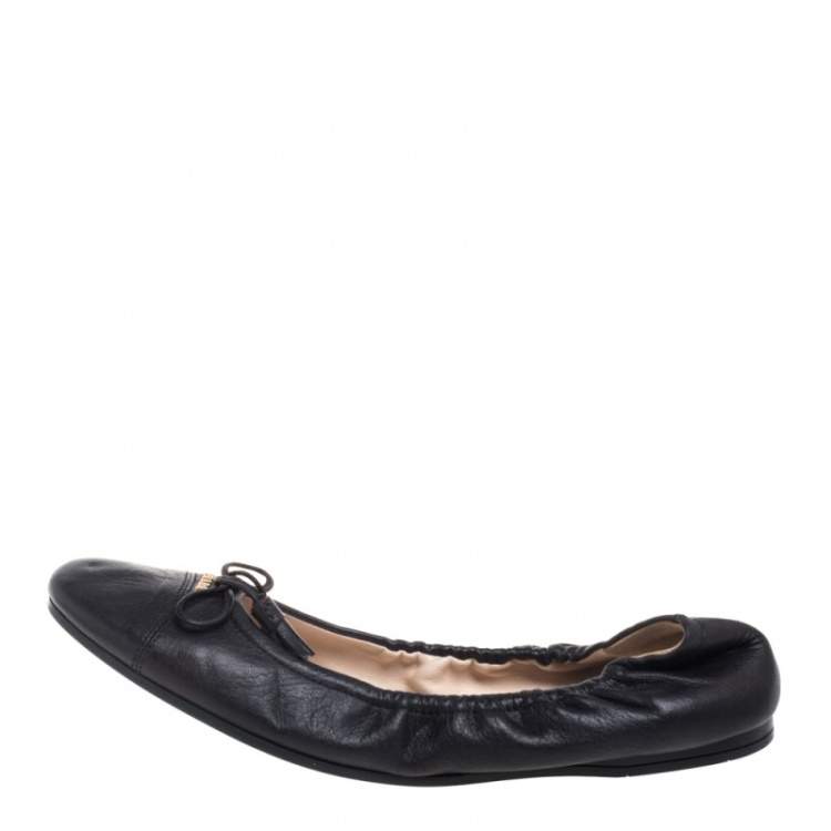 Prada Black Leather Bow Scrunch Ballet Flats Size 37 Prada | TLC