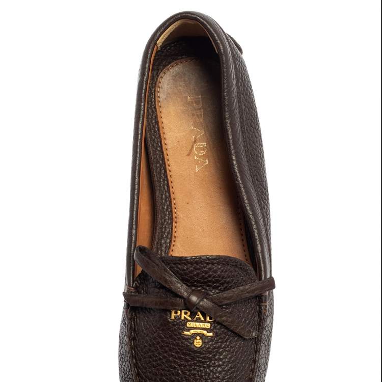 Pre Owned Prada Brown Leather Bow Loafers Size 38