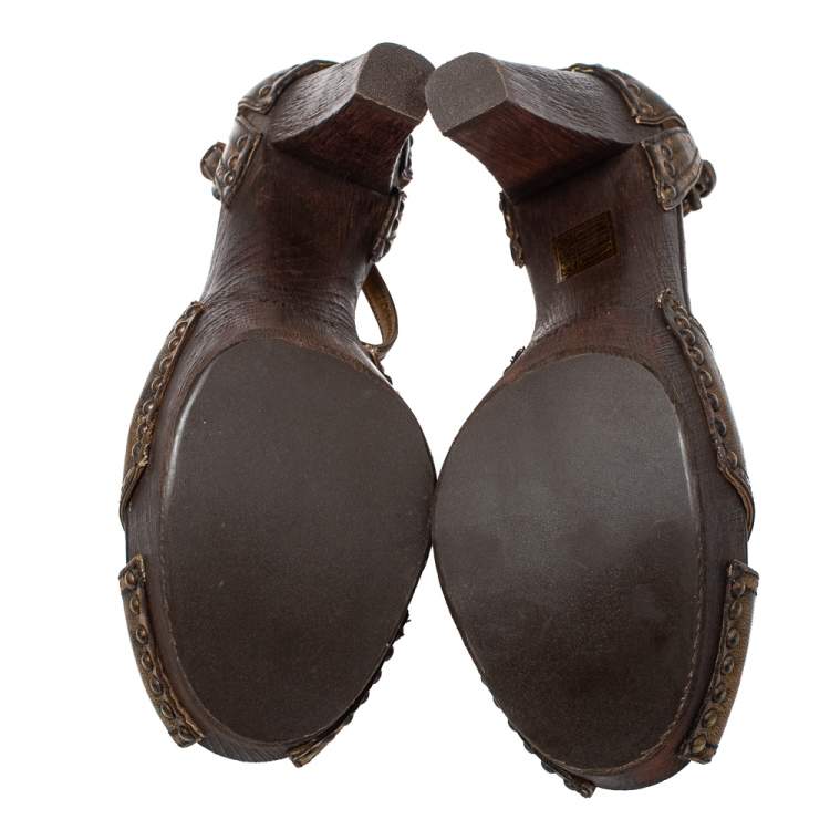 Pre Owned Prada Gold Leather Peep Toe Ankle Strap Platform Sandals Size 38