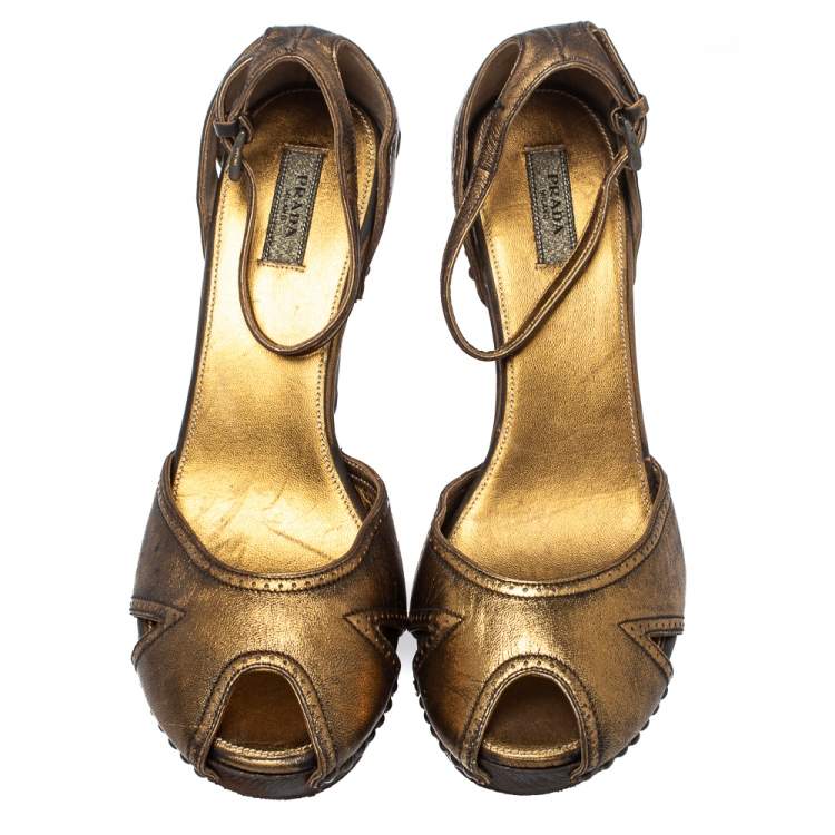 Pre Owned Prada Gold Leather Peep Toe Ankle Strap Platform Sandals Size 38