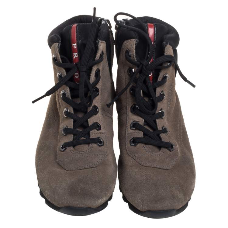Pre Owned Prada Grey Suede And Fabric Lace Up High Top Sneakers Size 35