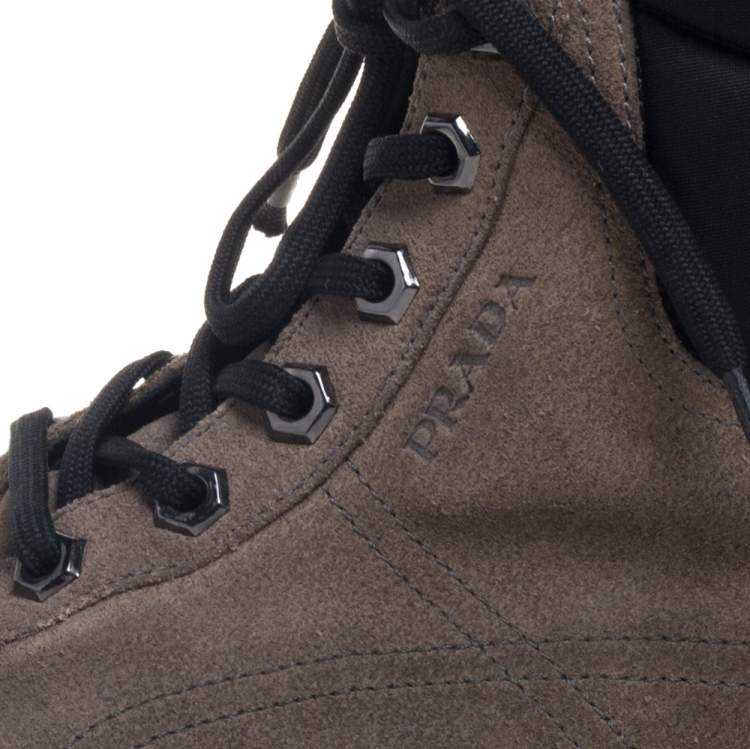 Pre Owned Prada Grey Suede And Fabric Lace Up High Top Sneakers Size 35