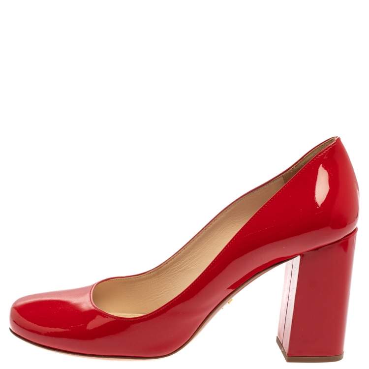 Prada Red Patent Square Toe Block Heel Pumps Size 38