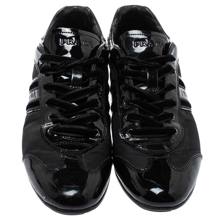 Pre Owned Prada Black Patent Leather And Nylon Low Top  Sneakers Size 39