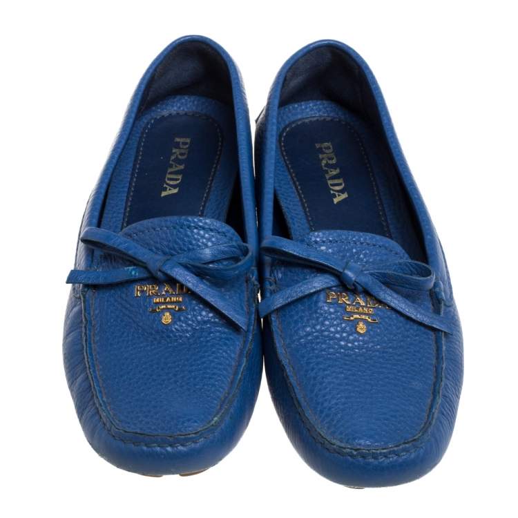 Pre Owned Prada Blue Leather Bow Slip On Loafers Size 37.5