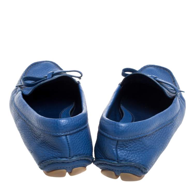 Pre Owned Prada Blue Leather Bow Slip On Loafers Size 37.5
