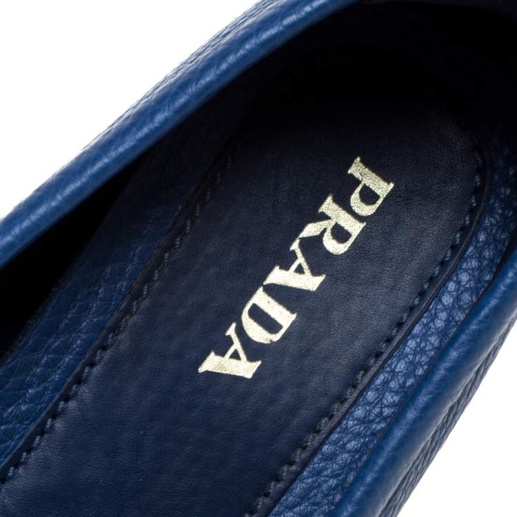 Pre Owned Prada Blue Leather Bow Slip On Loafers Size 37.5