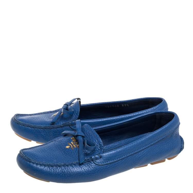 Pre Owned Prada Blue Leather Bow Slip On Loafers Size 37.5