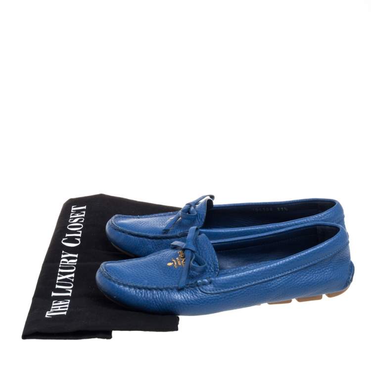 Pre Owned Prada Blue Leather Bow Slip On Loafers Size 37.5