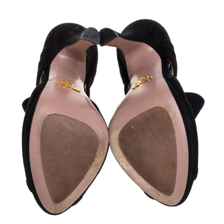 Pre Owned Prada Black Suede Cutout Peep Toe Booties Size 37.5