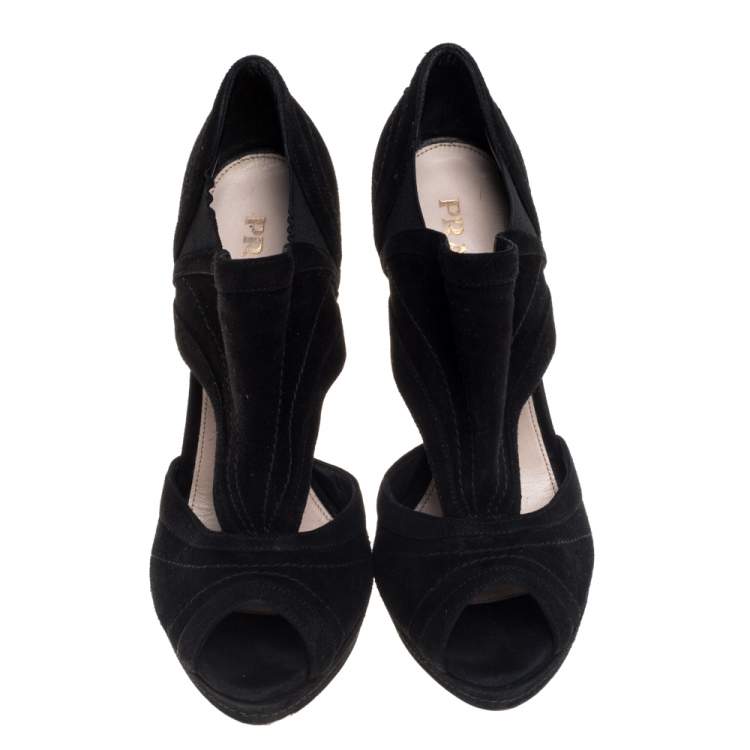 Pre Owned Prada Black Suede Cutout Peep Toe Booties Size 37.5