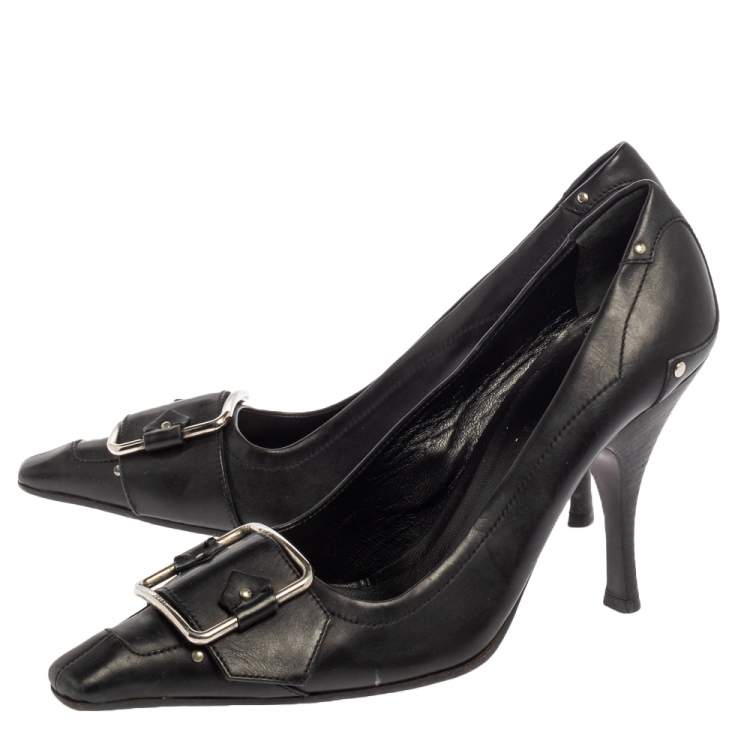 Pre Owned Prada Black Leather Pointed Toe Logo Pumps Size 37
