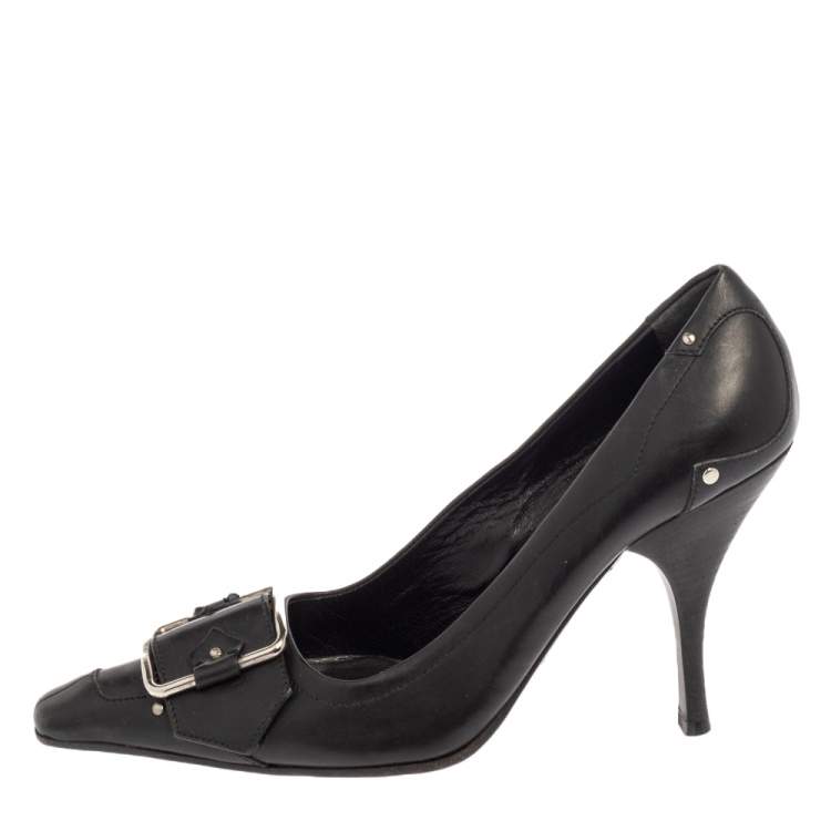 Pre Owned Prada Black Leather Pointed Toe Logo Pumps Size 37