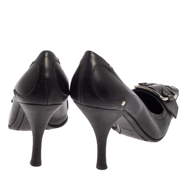 Pre Owned Prada Black Leather Pointed Toe Logo Pumps Size 37