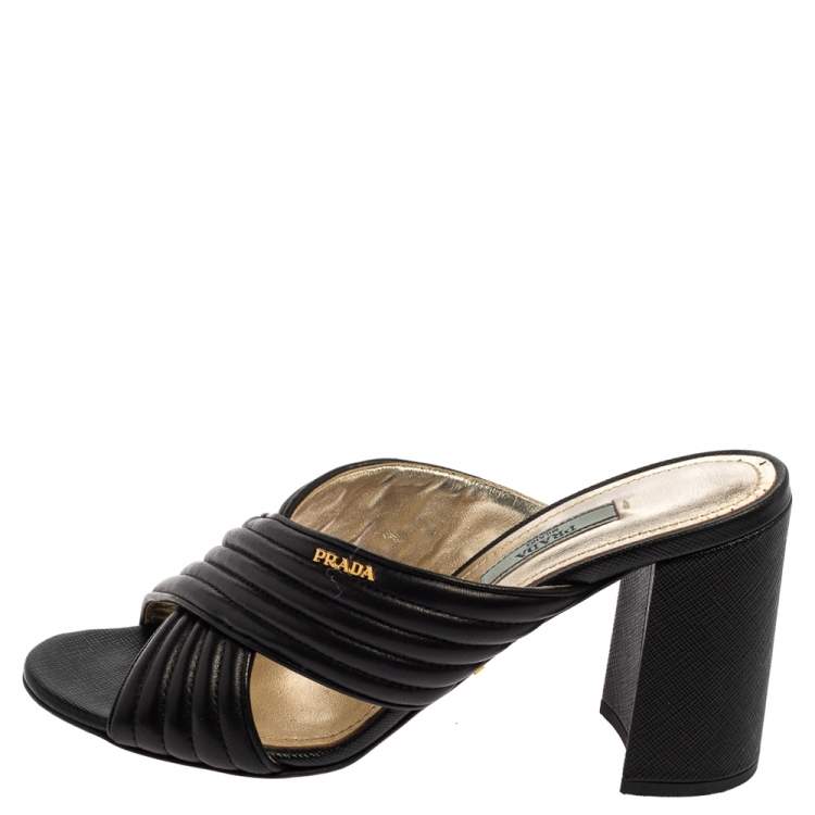 Prada Black Leather Criss Cross Block Heel Slide Sandals Size 37 Prada | TLC