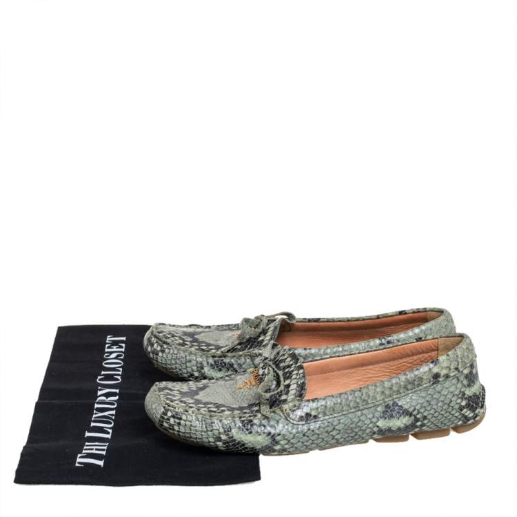 Pre Owned Prada Green Python Embossed Leather Slip On Loafers Size 38