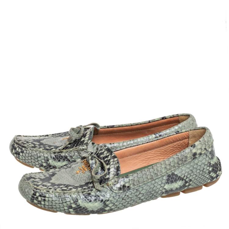 Pre Owned Prada Green Python Embossed Leather Slip On Loafers Size 38