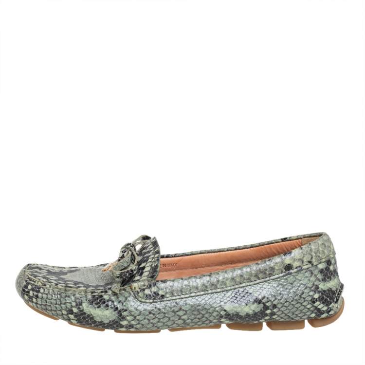 Pre Owned Prada Green Python Embossed Leather Slip On Loafers Size 38