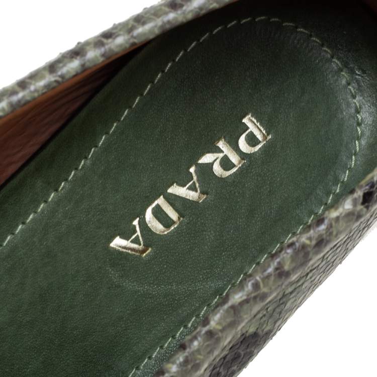 Pre Owned Prada Green Python Embossed Leather Slip On Loafers Size 38