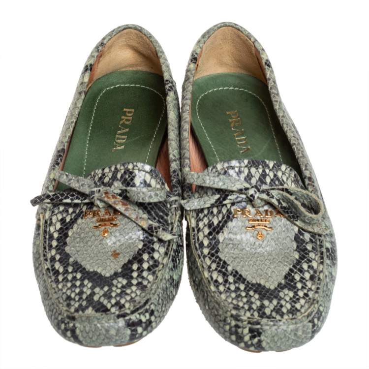 Pre Owned Prada Green Python Embossed Leather Slip On Loafers Size 38