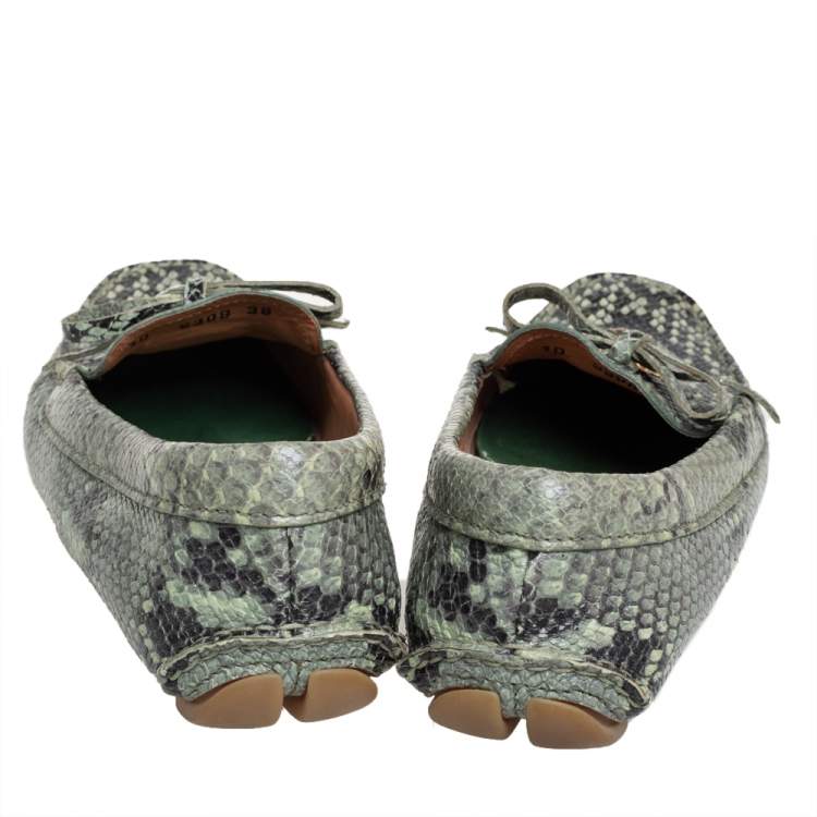 Pre Owned Prada Green Python Embossed Leather Slip On Loafers Size 38