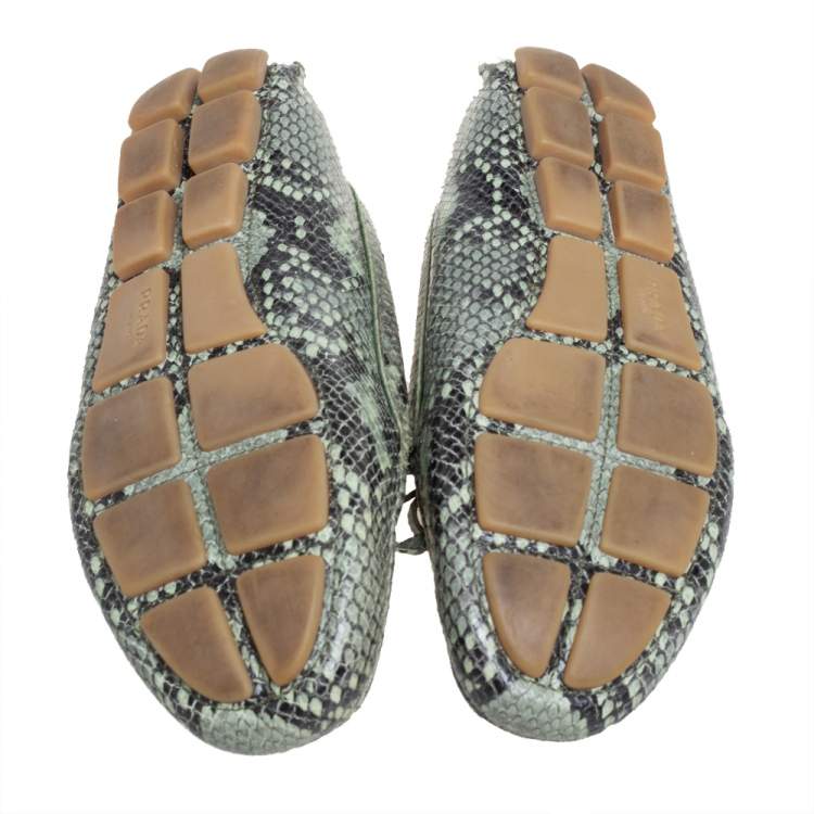 Pre Owned Prada Green Python Embossed Leather Slip On Loafers Size 38