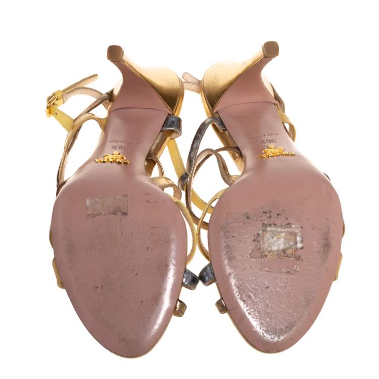 Pre Owned Prada Multicolor Metallic Leather And Patent Strappy Slingback Sandals Size 36.5
