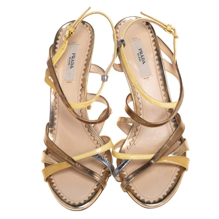 Pre Owned Prada Multicolor Metallic Leather And Patent Strappy Slingback Sandals Size 36.5