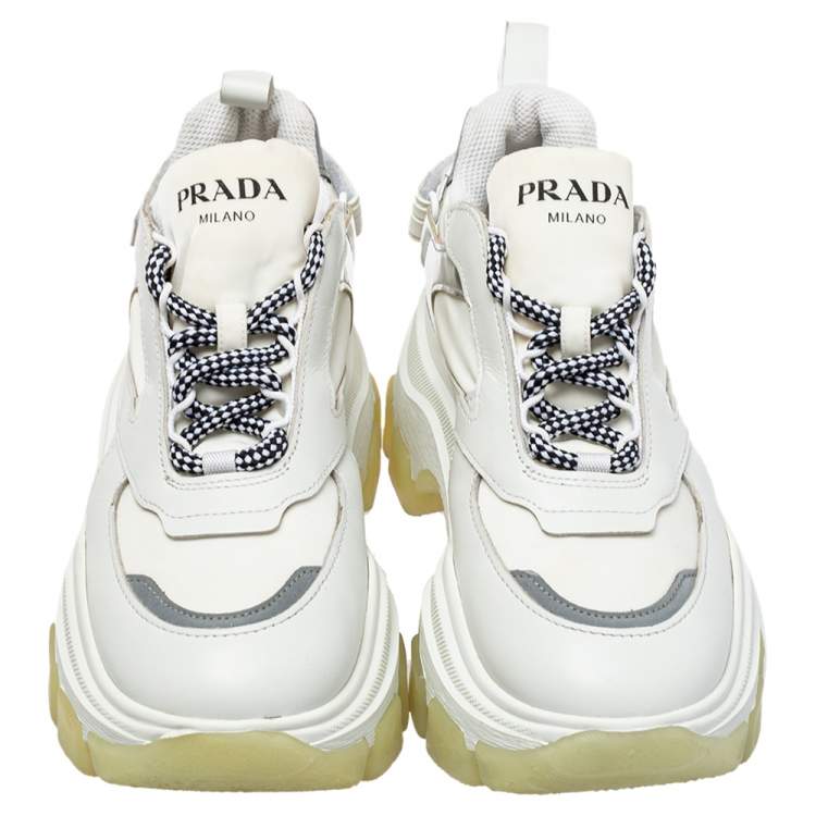 Pre Owned Prada White Leather And Nylon Pegasus Lace Up Sneakers Size 36