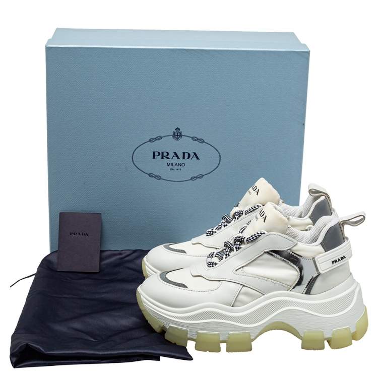 Pre Owned Prada White Leather And Nylon Pegasus Lace Up Sneakers Size 36