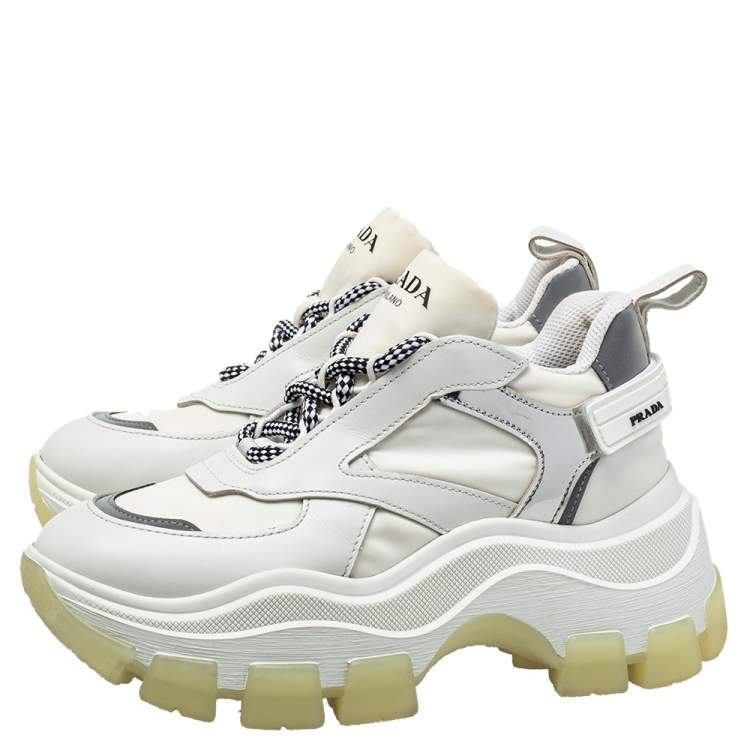 Pre Owned Prada White Leather And Nylon Pegasus Lace Up Sneakers Size 36