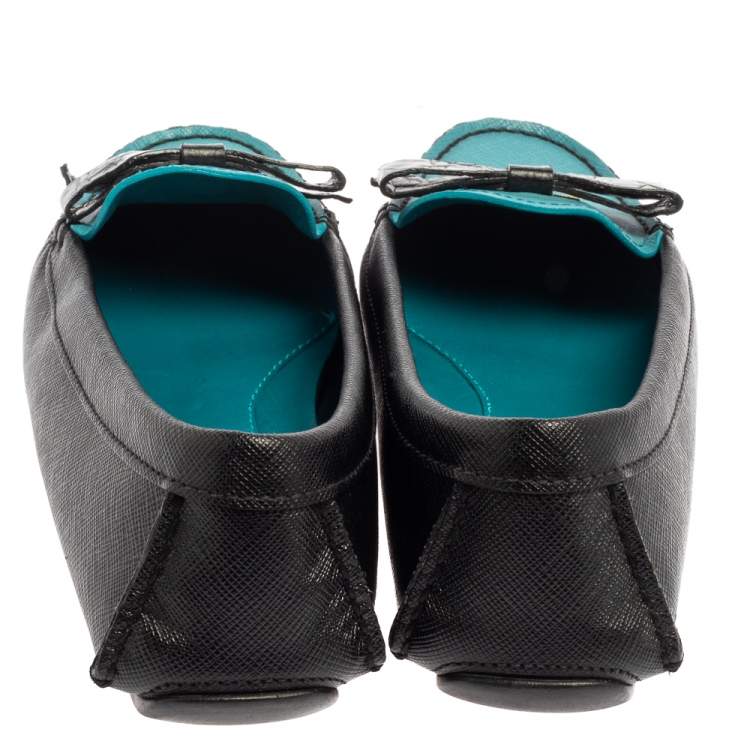 Pre Owned Prada Black/Blue Saffiano Leather Bow Loafers Size 36.5