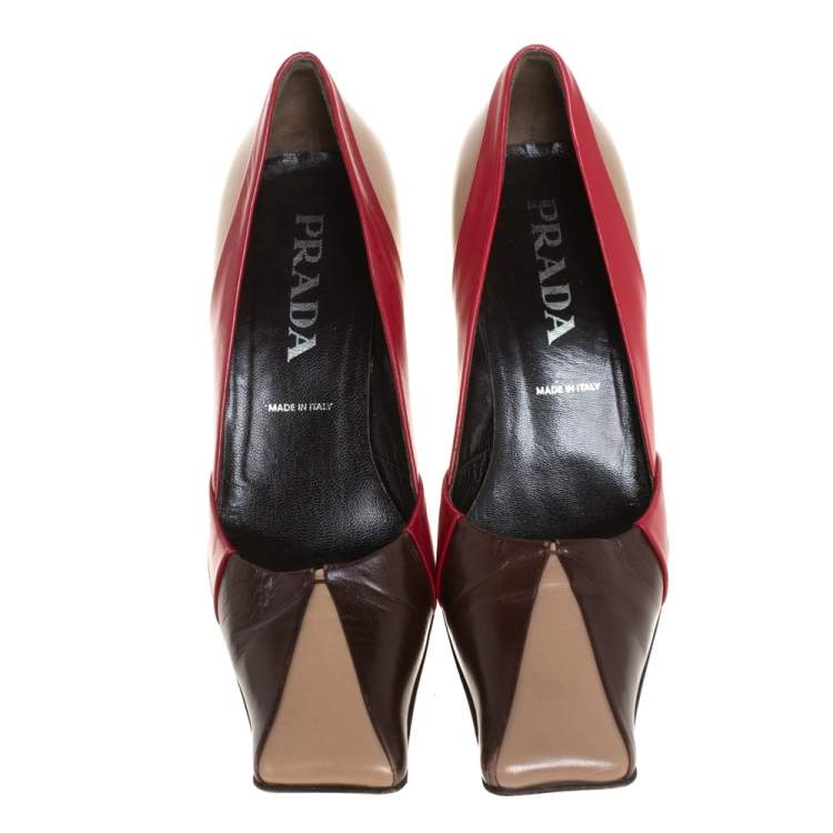 Pre Owned Prada Tricolor Leather Square Toe Pumps Size 36.5
