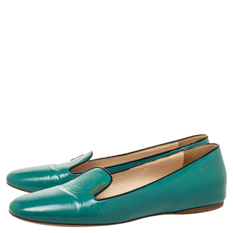 Pre Owned Prada Blue  Patent Leather Saffiano Smoking Slipper Loafers Size 38