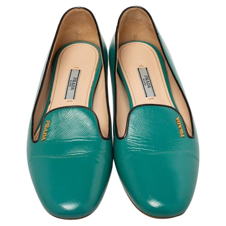 Pre Owned Prada Blue  Patent Leather Saffiano Smoking Slipper Loafers Size 38