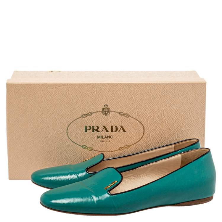 Pre Owned Prada Blue  Patent Leather Saffiano Smoking Slipper Loafers Size 38
