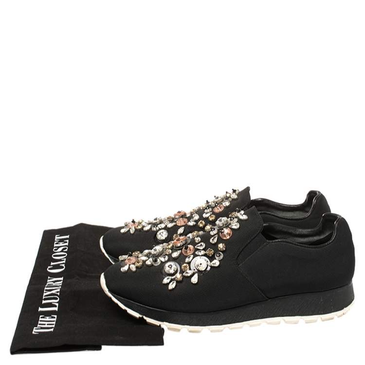 Pre Owned Prada Black Canvas Crystal Embellished Slip On Sneakers Size 38